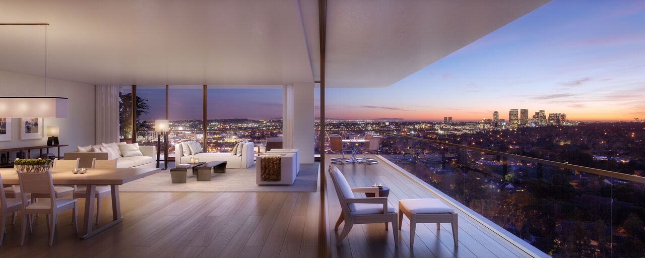 Living room and balcony of The West Hollywood apartment EDITION